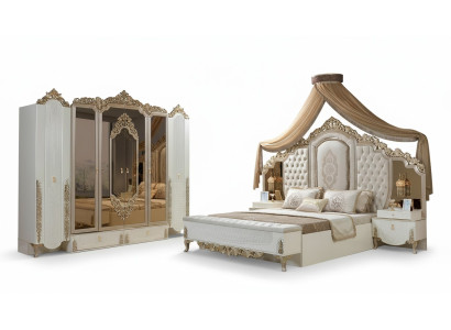 Chambre Set Lit 2x Tables de chevet Tabouret de luxe nouveau Design en bois 5 pièces