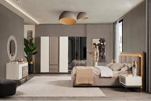 Ensemble de chambre à coucher: Lit 2xTables de chevet Coiffeuse Design luxueux neuf en 6 pièces
