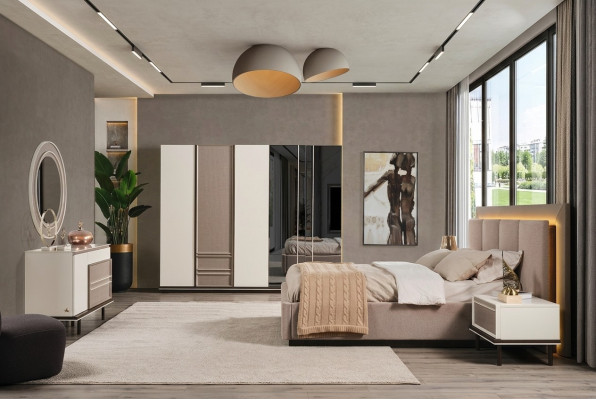 Ensemble de chambre à coucher: Lit 2xTables de chevet Coiffeuse Design luxueux neuf en 6 pièces