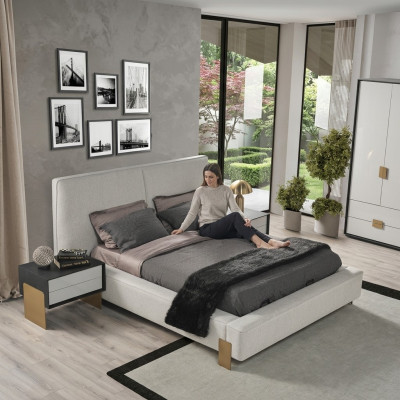 Luxueux ensemble de chambre à coucher Designer Lit double 2x Tables de chevet Élégant