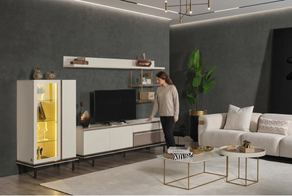 Ensemble de salon blanc avec meuble TV design, vitrine de luxe à LED en bois et étagère.