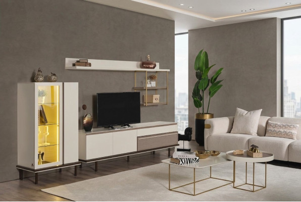 Ensemble de salon blanc avec meuble TV design, vitrine de luxe à LED en bois et étagère.