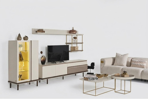 Ensemble de salon blanc avec meuble TV design, vitrine de luxe à LED en bois et étagère.
