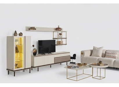 Ensemble de salon blanc avec meuble TV design, vitrine de luxe à LED en bois et étagère.