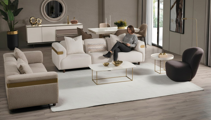 Ensemble de canapé beige moderne 4+3 places + fauteuil, ensemble de salon de luxe 3 pièces