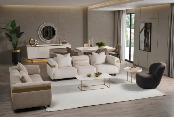 Ensemble de canapé beige moderne 4+3 places + fauteuil, ensemble de salon de luxe 3 pièces
