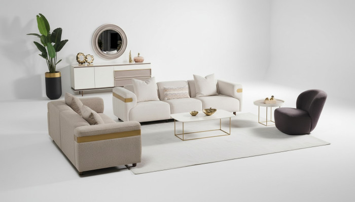 Ensemble de canapé beige moderne 4+3 places + fauteuil, ensemble de salon de luxe 3 pièces