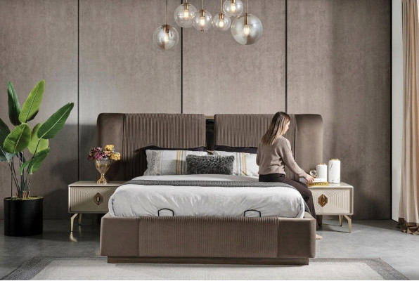 Ensemble de chambre marron Designer Lit double 2x Tables de chevet Meubles de luxe