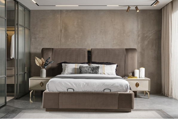 Ensemble de chambre marron Designer Lit double 2x Tables de chevet Meubles de luxe