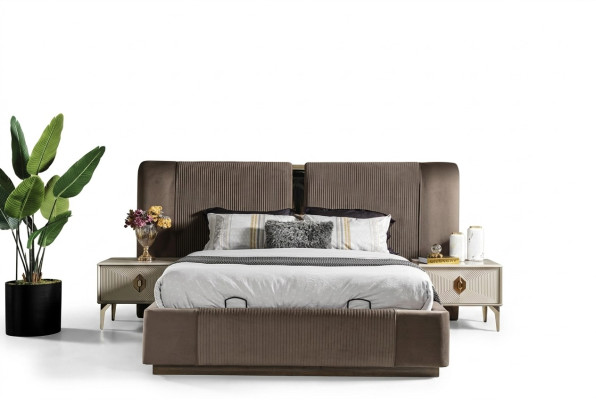 Ensemble de chambre marron Designer Lit double 2x Tables de chevet Meubles de luxe