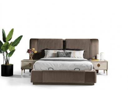 Ensemble de chambre marron Designer Lit double 2x Tables de chevet Meubles de luxe