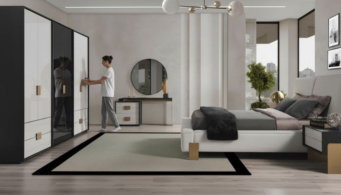 Ensemble de chambre moderne Lit double 2x Tables de chevet Coiffeuse 6 pièces