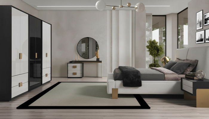 Ensemble de chambre moderne Lit double 2x Tables de chevet Coiffeuse 6 pièces