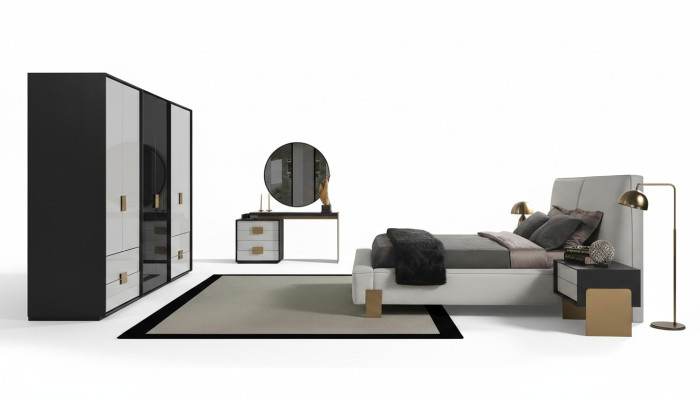 Ensemble de chambre moderne Lit double 2x Tables de chevet Coiffeuse 6 pièces