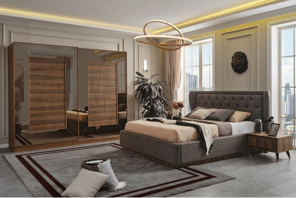Ensemble de chambre à coucher Lit rembourré 2x Tables de chevet Armoire Ensemble de 4 pièces