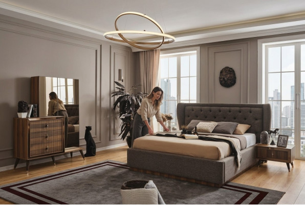 Ensemble de chambre moderne Lit de designer 2x Tables de chevet Commode Miroir