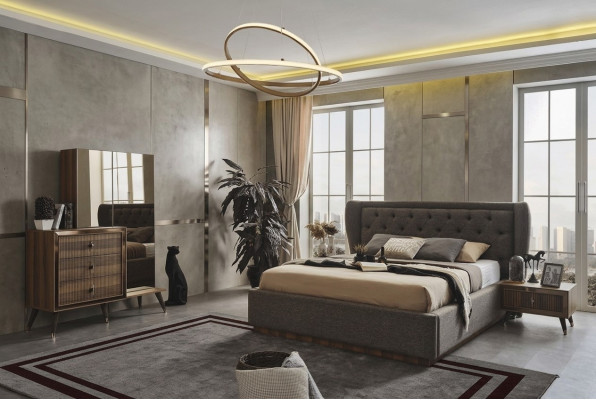Ensemble de chambre moderne Lit de designer 2x Tables de chevet Commode Miroir