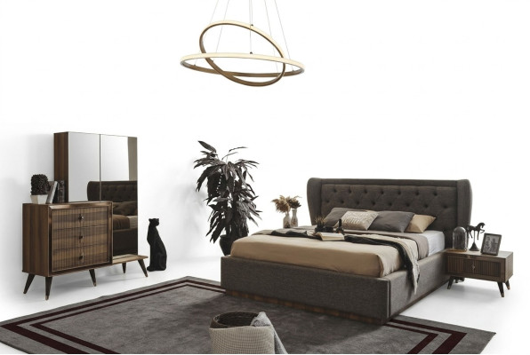 Ensemble de chambre moderne Lit de designer 2x Tables de chevet Commode Miroir
