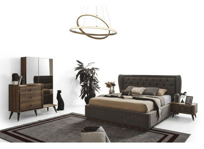 Ensemble de chambre moderne Lit de designer 2x Tables de chevet Commode Miroir