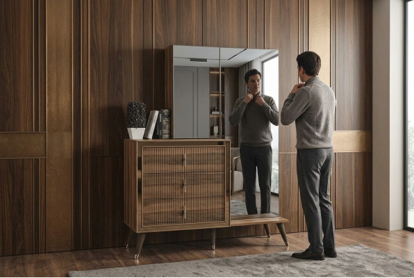 Meubles de chambre en bois marron Commode avec miroir Ensemble de luxe à 3 portes