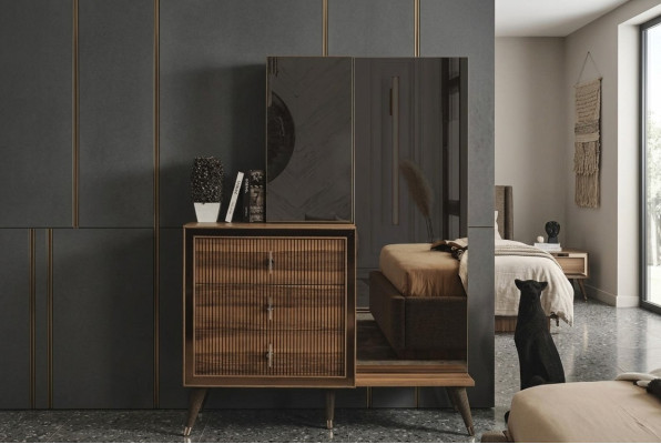 Meubles de chambre en bois marron Commode avec miroir Ensemble de luxe à 3 portes