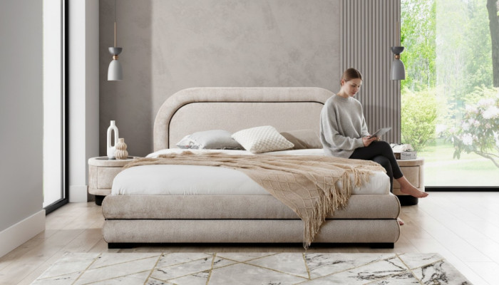Chambre Suite Designer Beige Lit double 2x Tables de chevet en textile