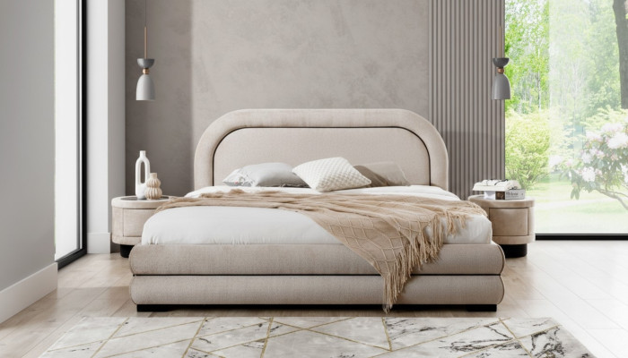 Chambre Suite Designer Beige Lit double 2x Tables de chevet en textile