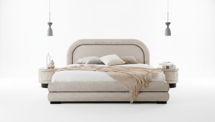 Chambre Suite Designer Beige Lit double 2x Tables de chevet en textile