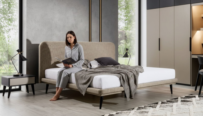 Meubles de chambre nobles Lit en textile marron Designer en bois 2x Tables de chevet