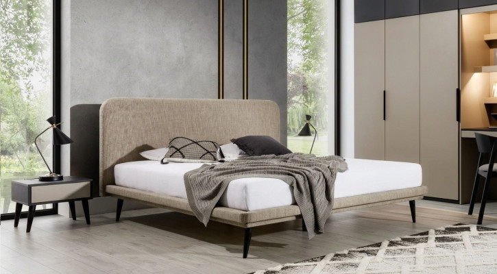 Meubles de chambre nobles Lit en textile marron Designer en bois 2x Tables de chevet