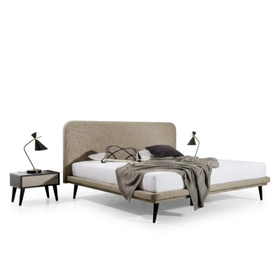 Meubles de chambre nobles Lit en textile marron Designer en bois 2x Tables de chevet