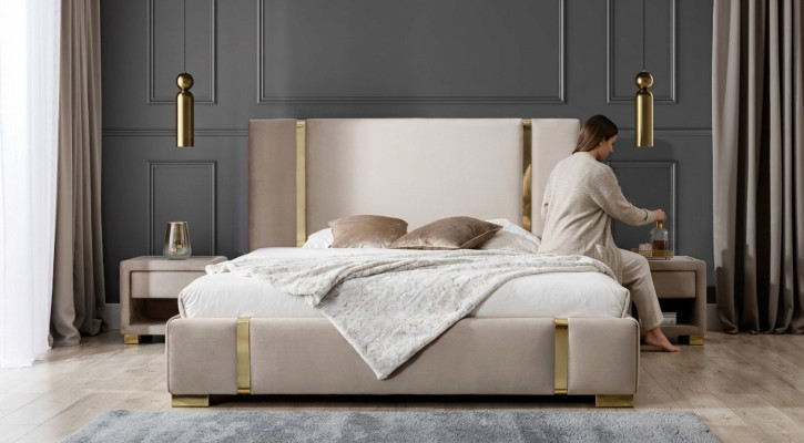Suite complète de chambre en acier inoxydable Lit double Revêtement Tables de chevet