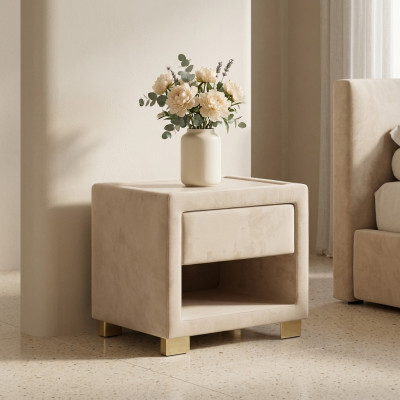 Table de chevet carrée beige avec cadre en bois design, meuble moderne neuf.