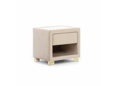 Table de chevet carrée beige avec cadre en bois design, meuble moderne neuf.