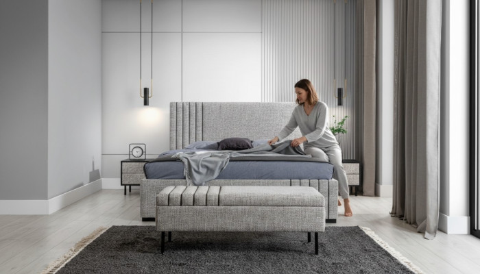 Mobilier de chambre gris clair Designer lit textile 2x tables de chevet Tabouret