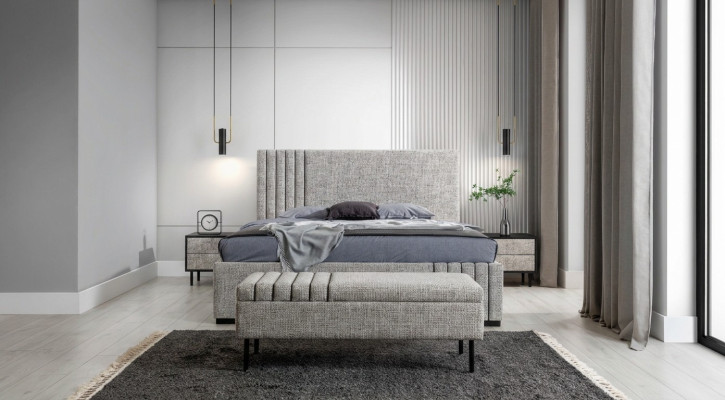 Mobilier de chambre gris clair Designer lit textile 2x tables de chevet Tabouret