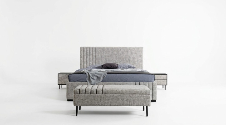 Mobilier de chambre gris clair Designer lit textile 2x tables de chevet Tabouret
