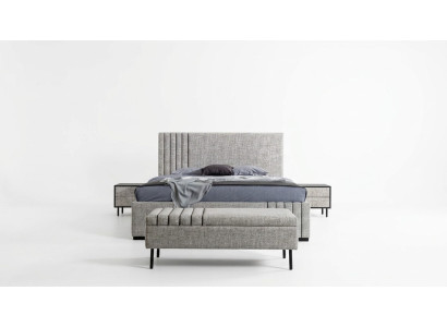 Mobilier de chambre gris clair Designer lit textile 2x tables de chevet Tabouret
