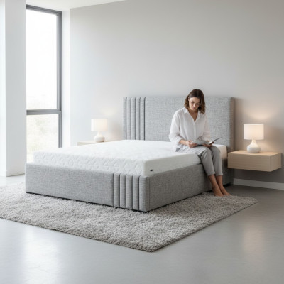 Élégant lit double gris Conception Chambres Lits Grand panneau de tête