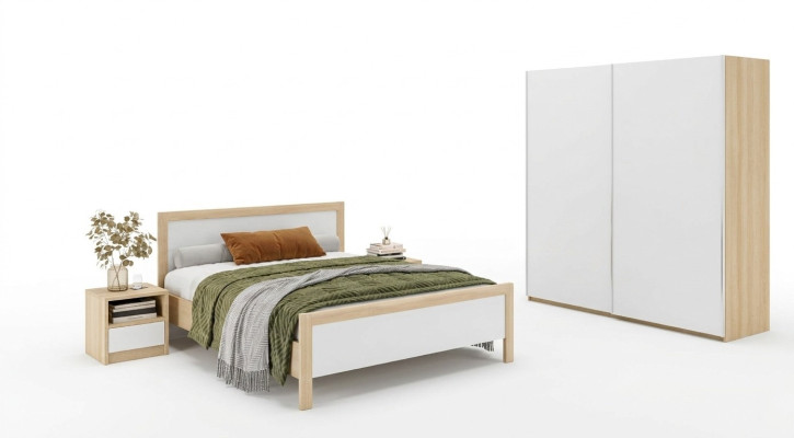 Meubles de chambre blancs Lit de luxe Tables de chevet Grande armoire