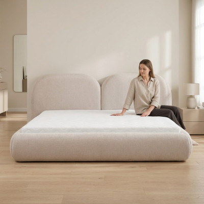 Chambre beige Lit double Tête de lit ronde en textile Lits rembourrés neufs