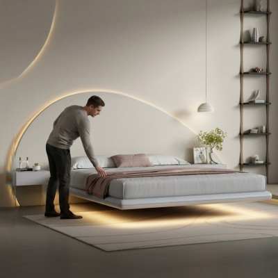 Mur lit gris mobilier de chambre moderne cadre en bois lits à LED nouvel
