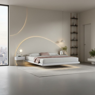 Mur lit gris mobilier de chambre moderne cadre en bois lits à LED nouvel
