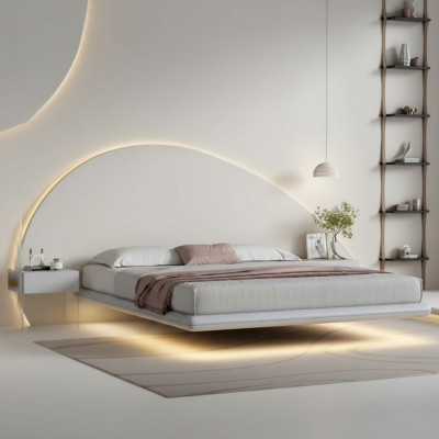 Mur lit gris mobilier de chambre moderne cadre en bois lits à LED nouvel