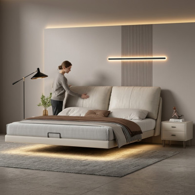 Mur lit double en cuir de designer avec cadre en bois pour mur de chambre blanche