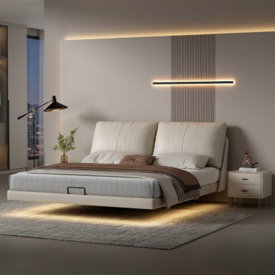 Mur lit double en cuir de designer avec cadre en bois pour mur de chambre blanche