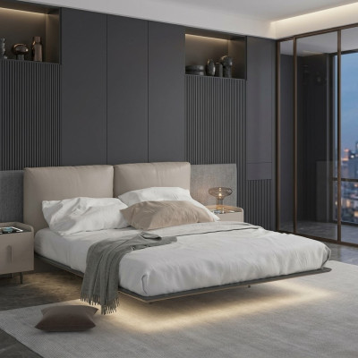 Mur de chambre à coucher gris clair Lit LED Lit en bois design Lits doubles