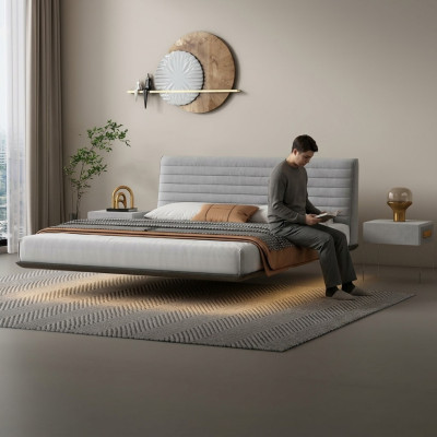 Mur Gris Lit Mural Chambre Designer Lits à LED Lits Doubles Modernes