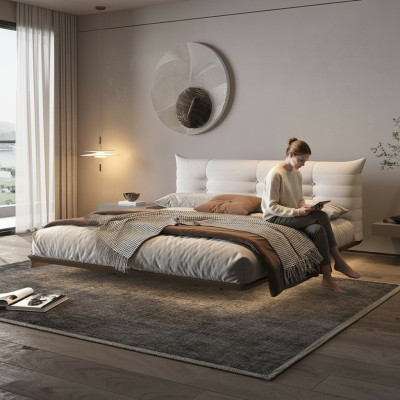 Chambre blanche Lit Designer Mur Lit LED Lits Cadre en bois Meubles
