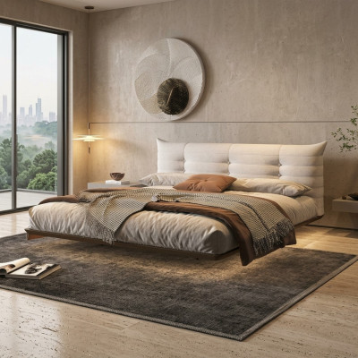 Chambre blanche Lit Designer Mur Lit LED Lits Cadre en bois Meubles